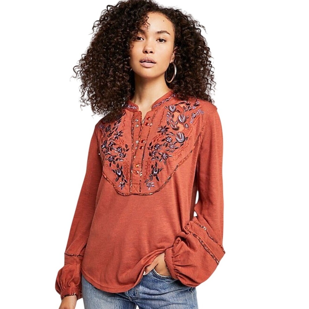Free People Sundance Kid Western Women's size XL Embroidered Floral  Henley Top
